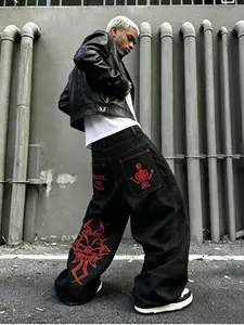 Trendy Skeleton Embroidery Distressed Washed Jeans, Dark Style Street Style Totem Wide-Leg Pants, Stylish Denim for Everyday Wear