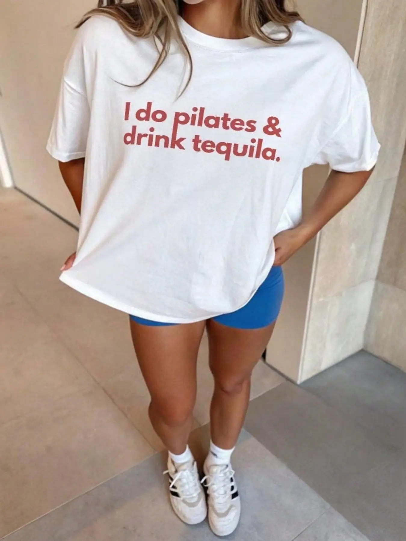 Casual Loose Round Neck Women T-Shirt, Y2K Streetwear Fashion Casual Everyday Wear, I Do Pilates & Drink Tequila Print Short Sleeve, Summer Fashion Beach Vacation Clothing, Top
