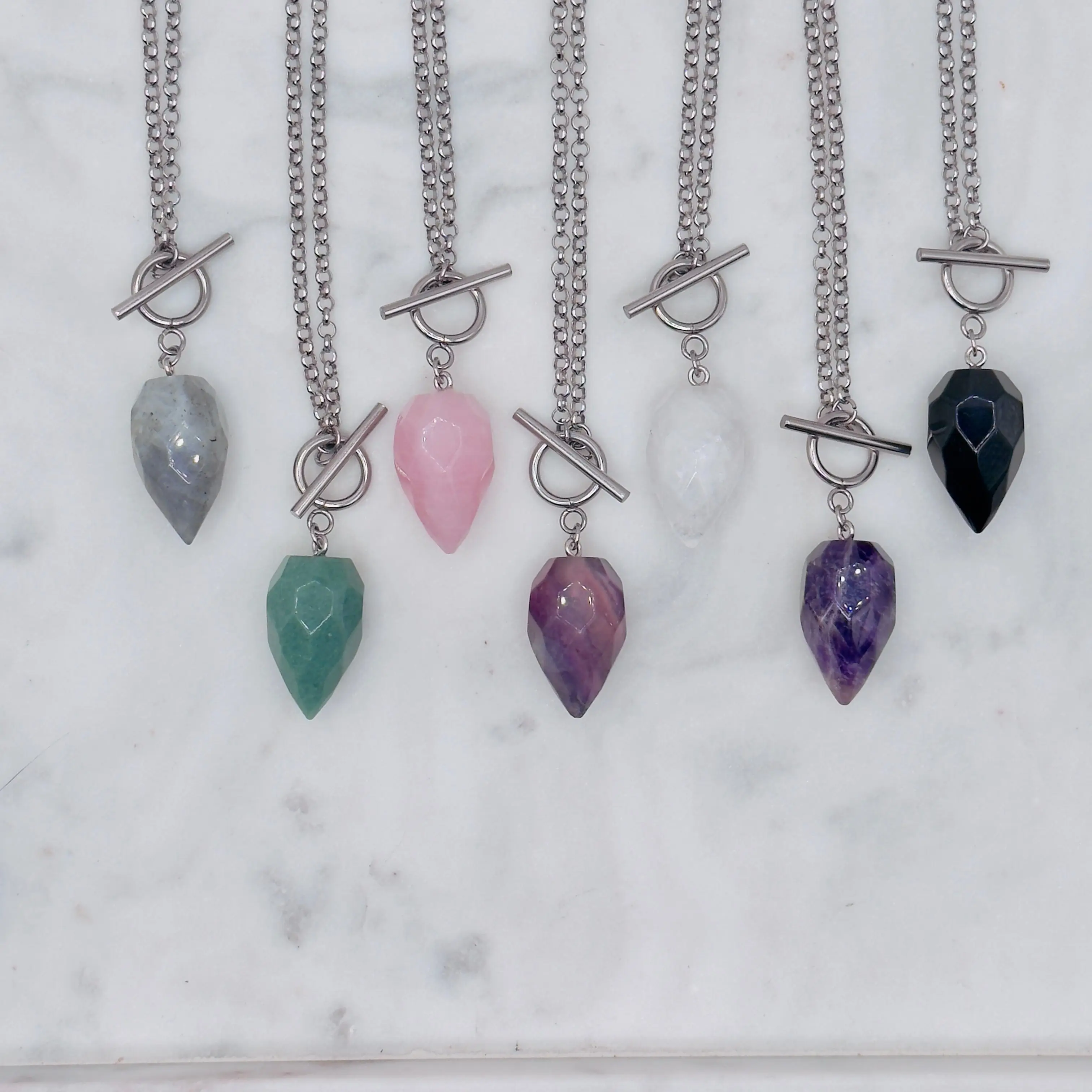 Handcrafted Natural Crystal Pendulum Necklace - Select Quartz Crystals/Rose Quartz Charm, 18" Stainless Steel Rolo Chain with Toggle Clasp, Minimalist Witchy Spiritual Jewelry, Free Programming Guide & Dowsing Board, Ideal Necklace Gift for Adults
