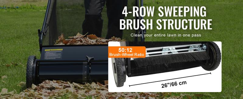 VEVOR Push Lawn Sweeper, TikTokShopBlackFriday, 26 Inch Leaf & Grass Collector, Strong Rubber Wheels & Heavy Duty Thickened Steel Durable to Use with Large Capacity 7 ft³ Mesh Collection Bag, 4 Spinning Brushes