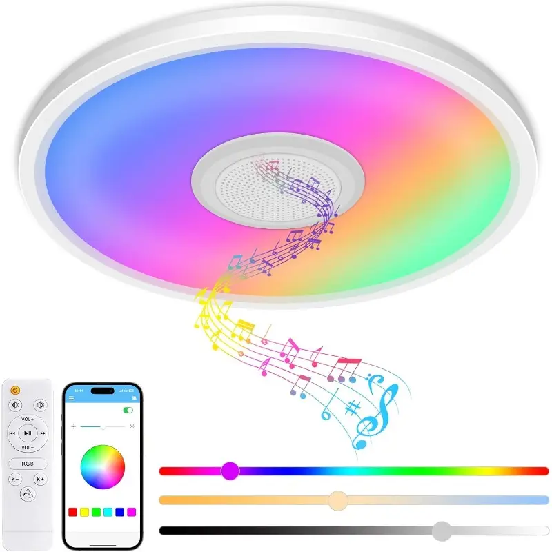 RGB Ceiling Light with Speaker, 24W 12Inch Smart Music Lights 3000K-6500K Dimmable with APP and Remote Control, Color Changing Led light Fixture Flush Mount for Bathroom Shower Bedroom