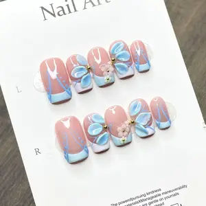 Hailey's square blue flower french tips acrylic handmade press on nails A21