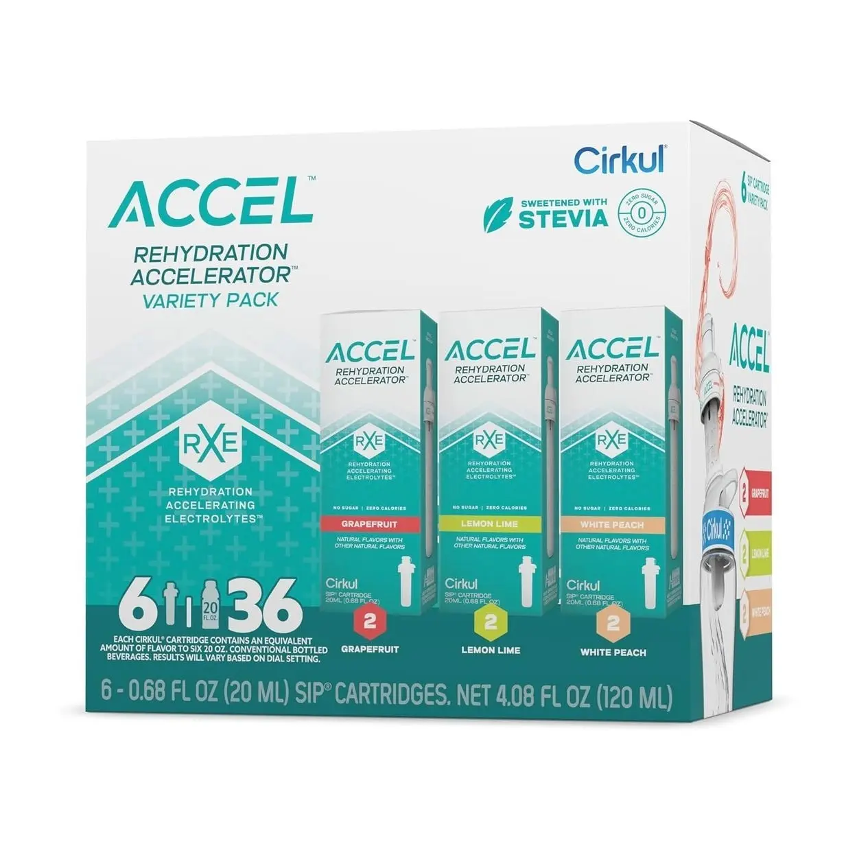 Cirkul Accel Electrolytes Flavor Water Variety Pack, Makes 36 Drinks, No Sugar, Zero Calorie Drink Mix, (2 Grapefruit, 2 Lemon Lime, 2 White Peach)