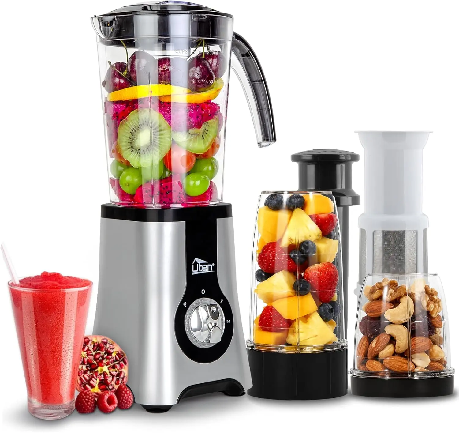 Uten 5-in-1 High-Power Multi-Mode Dual-Blade 2-Speed Jug Blender (42 oz/1.25L) – 304 Stainless Steel Blades, BPA-Free, Dishwasher Safe, Includes 3 Blender Cups & 2 Travel Bottles, 2-Speed Jug Blenders, Dual-Blade Jug Blenders