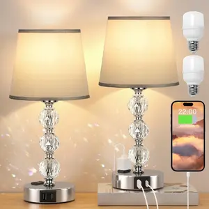 Lamps for Bedrooms Set of 2 Nightstand-  Table Lamps with USB C+A Ports & AC Outlet for , 3 Way Dimmable Touch  Small Bed Side Table Lamp for Living Room/Guest Room