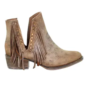 Corral Boots Womens Fringe Studded Round Toe Pull On  Casual Boots Ankle Low Heel 1-2" - Brown