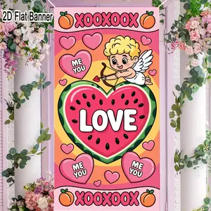 2D flat banner, 1pcValentine's Day Cartoon Heart Backdrop, Pink Orange Gradient Love Party Decorations with Cupid & Watermelon Heart, XOOXOOX ME YOU Romantic Background for TikTok Videos