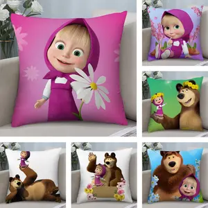 PIKPAKA Cartoon M-Masha And The B-Bears Cushion Cover Soft Short Plush Fabric Double-Sided Print Organic Breathable Sofa Pillow Case, Home Textile, Home Machine Washable In Warm Winter Perfect For Home Decor Warm Winter Home Child Gift