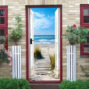 2pcs Stereo Fake Window Wall Sticker Seaside Scenery Wooden Door Decal Living Room Bedroom Entrance Background Wall Decorative Painting Self Adhesive Removable 178210