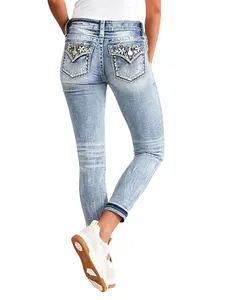 Jack David--Sexy Couture--LA Idol Women's Mid Rise Bootcut Jeans with Rhinestone Pockets Stretch Denim Pants