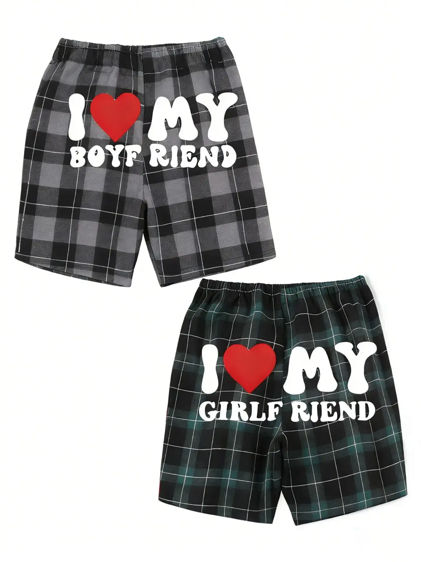 Couple Plaid Heart Print Love Shorts, Pajama Sleeping Shorts, Loose Fit, Casual Sleepwear, Pajamas, Loungewear, Loungewear Outfit, Matching Sets, Breathable Fabric, Adjustable Waist, Drawstring Design, Perfect for Couples