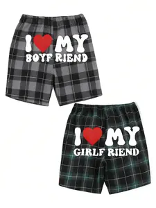 Couple Plaid Heart Print Love Shorts, Loose Fit, Casual Sleepwear, Pajamas, Loungewear, Breathable Fabric, Adjustable Waist, Drawstring Design, Perfect for Couples
