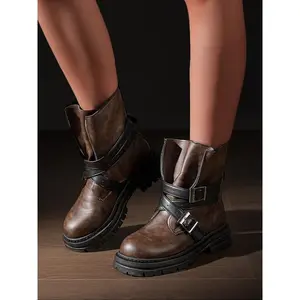 Women’s Vintage Boots for Autumn/Winter, Western-Style with Belt Buckle, Thick Sole, Short Ankle Height, British Style, Chunky Heel, Motorcycle Boot, Trendy