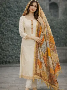 Cream Rayon Unstitched Anarkali Suit with Printed Dupatta