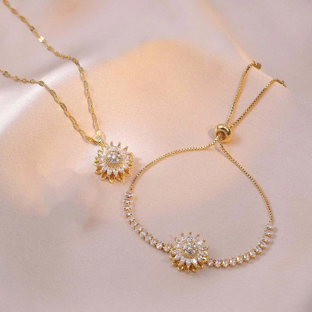 Rotating Sunflower Necklace for Women, Elegant Double-Layer Sparkling Pendant, Costume Jewelry for Formal & Casual Wear