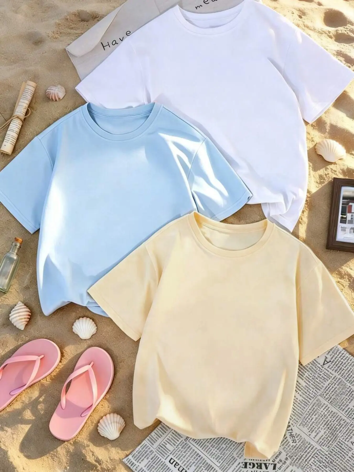 3-Pack Basic Solid Color Drop Shoulder Round Neck Short Sleeve Summer T-Shirts, Casual Loose-Fit Women's Tops, Versatile Daily Wear Casual Everyday Tee Fashion Apparel, Womenswear Minimalist