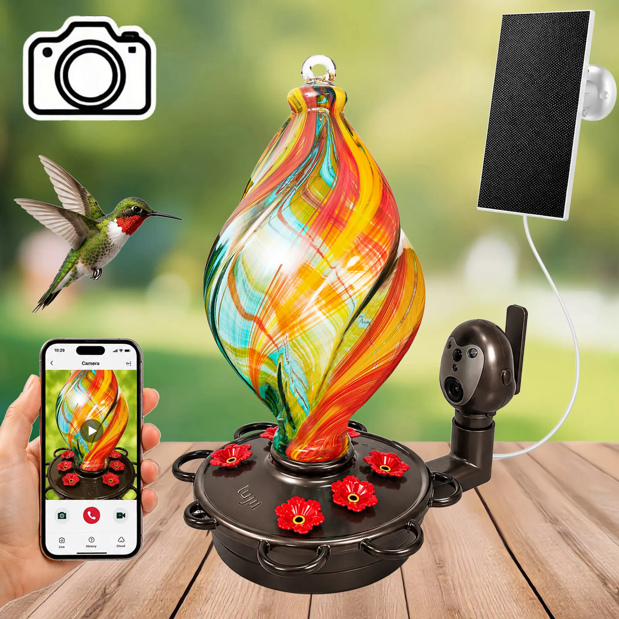Solar Smart Camera Hummingbird Feeder – Ice Cream Swirl Design, Hand-Blown Glass, Live View & Motion Detection, Leak-Proof, Perfect Gardening Gift