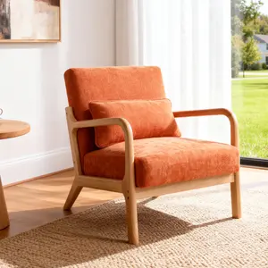 Mid Century Modern Armchair, Accent Chair with Solid Wood Frame and Detachable Lumbar Pillow for Living Room, Bedroom, Office(Beige)Chair Frame with a Brown Finish