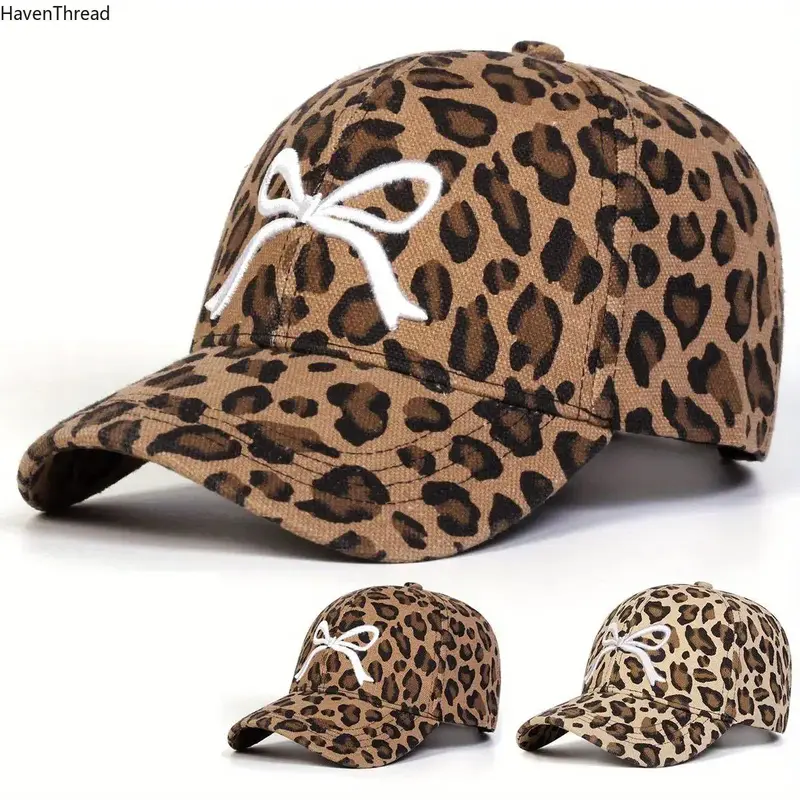 HavenThread Unisex Soft Cotton Leopard Embroidery Baseball Cap - Bow-Accented, Adjustable Snapback Strap, Sun-Protective, Casual Trendy Hat, All-Season Year-Round Wear, Cotton Soft All Day, Daily Quick Outfit Upgrades, Ideal for Travel
