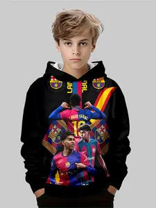 Boys' Cyberpunk Graphic Team Hoodie with C Ronaldo Element, Trendy Patchwork Print, All over Print, Casual Fitted Style, Fall & Winter Fashion