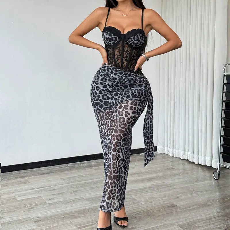 chinese dress ladies Sleek Leopard Print Lace And Satin Midi Dress