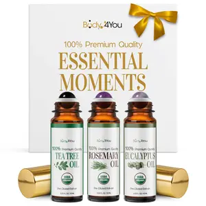 Organic Essentials 3PC Gift Set - Tea Tree, Rosemary & Eucalyptus Oils - For Skin, Hair & Breath - Includes Natural Stone Roller & Amber Bottles
