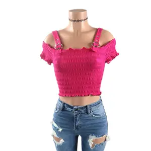 Felicia Off the Shoulder Crop Top Buckle Ribbed Nylon Shirts