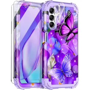 for Galaxy A15 5G Case,Three Layer Heavy Duty Shockproof Protective with 2 Tempered Glass Screen Protector for Samsung Galaxy A15 5G 6.5 inch,Butterfly