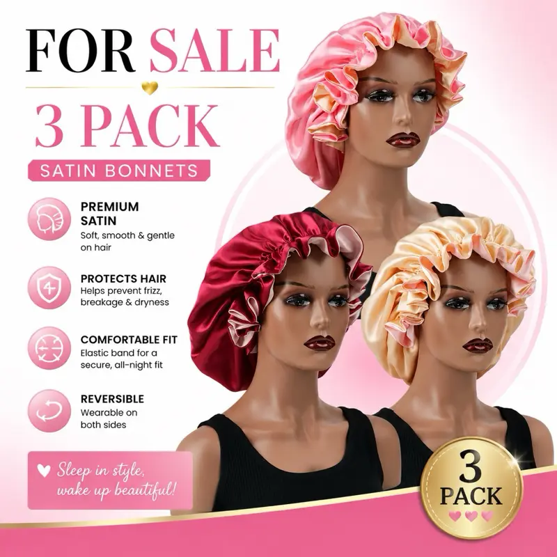 3-Pack Reversible Satin Hair Bonnets for Women – Double-Sided Sleep Caps, Soft & Comfortable Hair Protection
