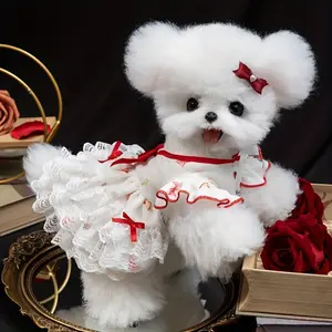 Princess-Style Small Dog Dress with Floral & Bow Embellishments - Elegant Ruffled Layers with Red Bows, Snap Closure for Easy Wear, Soft Comfortable Outfit for Chihuahuas, Pomeranians, Shih Tzus, Poodles, Bichon Frises - Perfect for Weddings