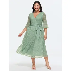 BloomChic Plus Size Ditsy Floral Ruffle Sleeve Stretch Maxi Dress with Lace Trim, Side Tie Waist, and Pocket