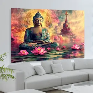A lifelike Buddha statue and a lotus tapestry - an eye-catching wall decoration designed with a serene and meditative theme, suitable for celebrations, parties and seasonal decorations, a Zen home accent