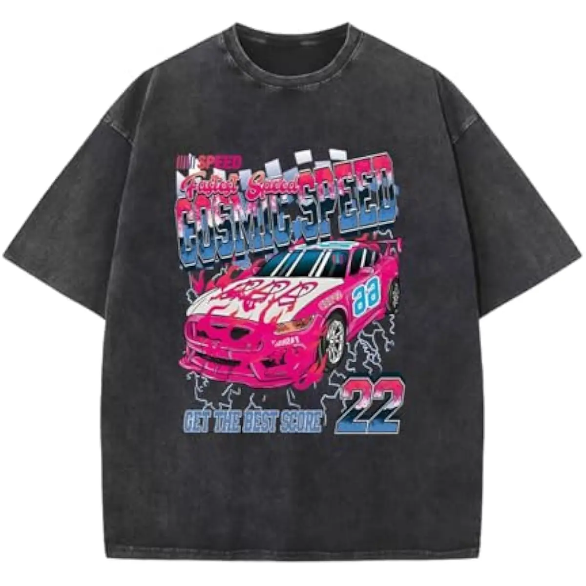 Women's Retro Car Graphic T-Shirt, Short Sleeve Crew Neck Top in Heavyweight Washed Cotton, Oversized Loose-Fitting Streetwear, Casual, Boxy Fit, Car Show, Faded Look, Machine Washable, Round Neck, Tshirt, Retro Vibes, 3Xl, All Seasons, Sporty Chic