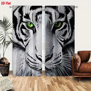 2D Flat  White Tiger Printed Blackout Curtain 2 Piece Set, Stylized Close - up Illustration of White Tiger Face with Green Eyes Black Stripes Decorative Curtains for Living Room Bedroom, Light - Filtering & Privacy Protection Window Drapes
