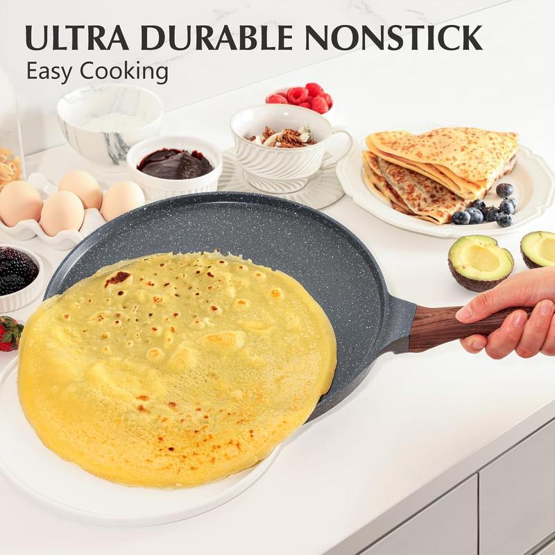 Nonstick Crepe Pan, Swiss Granite Coating Dosa Pan Pancake Flat Skillet Tawa Griddle  with Stay-Cool Handle, Induction Compatible