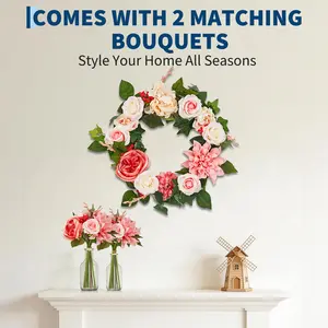 Lifelike Wreath & Bouquets Set - Realistic Artificial Floral Wreath with Rattan Base – Includes 2 Matching Silk Bouquets – Farmhouse Spring Decor for All Seasons