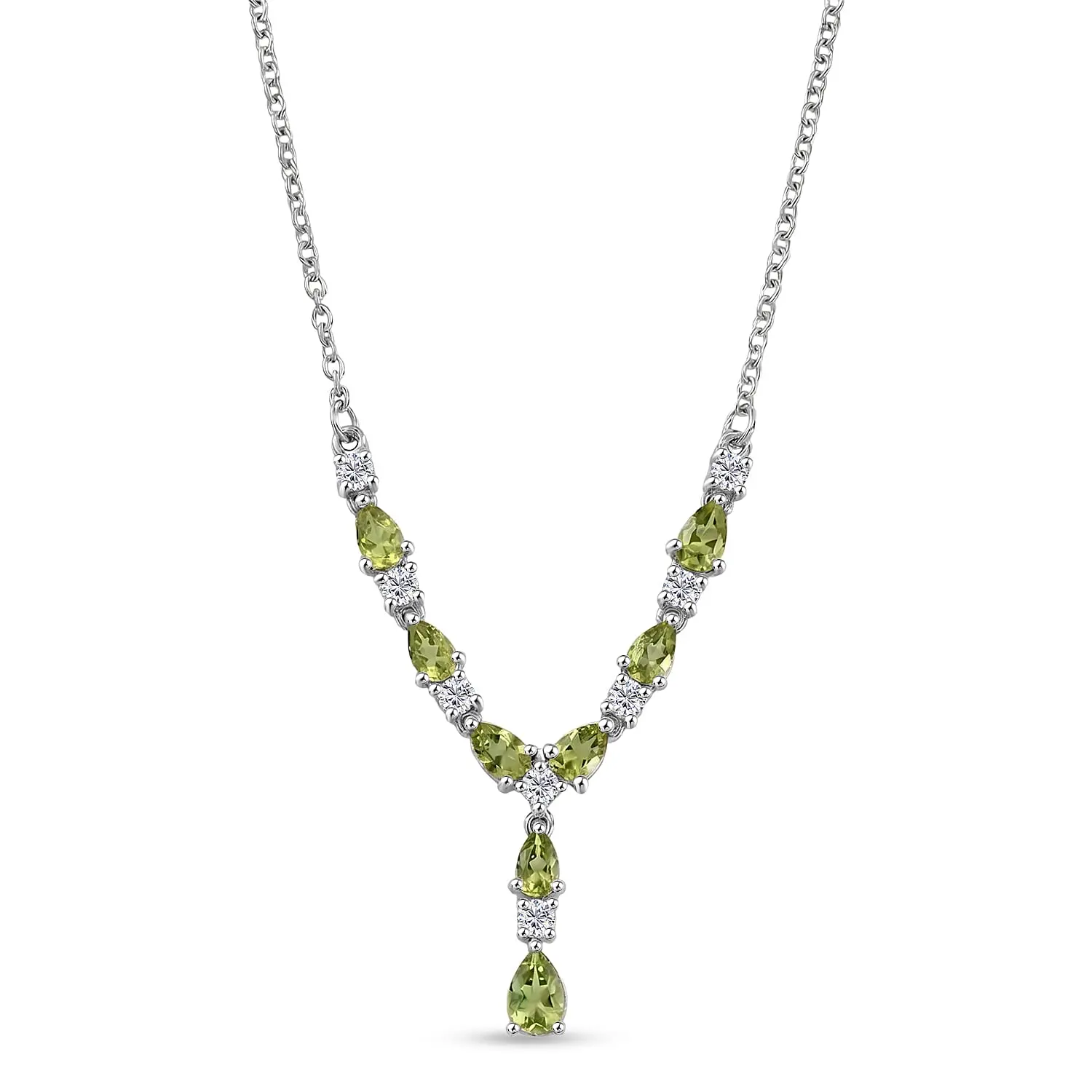 EverTrue Hebei Peridot, White Zircon Necklace (18-20 Inches) in Platinum Bond and Stainless Steel 2.85 ctw