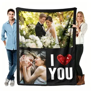 I Love You Custom Photo Throw Blanket, Wedding Daily Collage Flannel Blanket, Soft Cozy Warm Throw, Personalized Couple Design, Anniversary Valentine's Gift for Him Her, Romantic Black Bedroom Couch Decor
