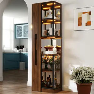 70" Display Cabinet with Glass Doors and Lights, with multi-functional pull-out multi-tier storage shelf , Wooden Display Storage Cabinets Stackable Storage Bin with Wheels and Lid
