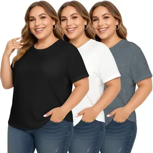 Plus Size Women's Short Sleeve Solid Color Crew Neck T-Shirts - Black White Gray Basic Bundle for Everyday Wear XL-6XL Essential Shortsleeve Women's Crop Top Black White Set Plus Size Short Sleeve Workout T-Shirts Ladies Tech T-Shirt Blue