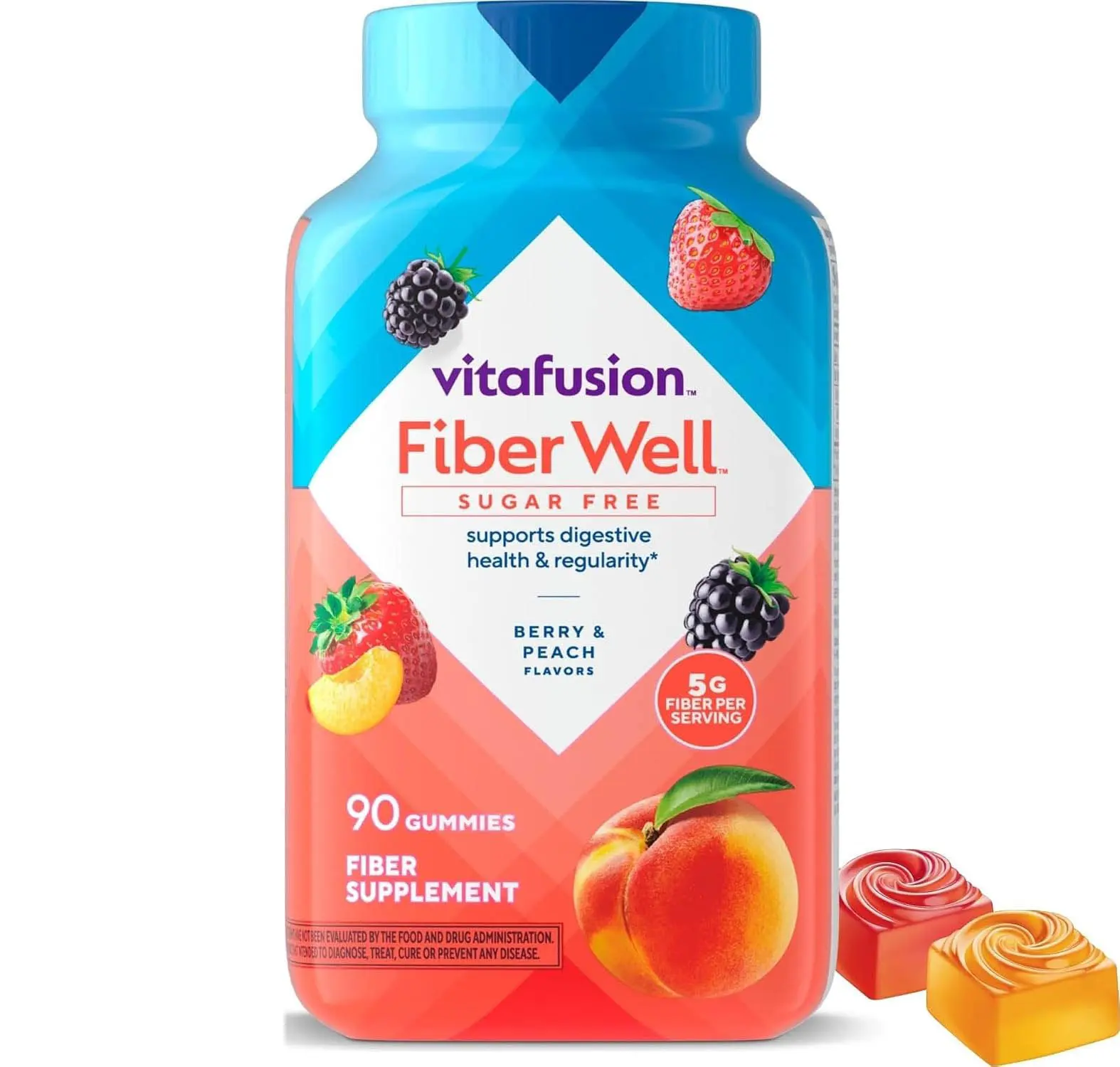 hot 2026 ! Vitafusion FiberWell Gummies Sugar Free | GLP-1 Friendly 5 g Fiber | 90 Count | Berry & Peach Flavor | Digestive Gut Health & Regularity | No Sugar Adult Women & Men Gummy