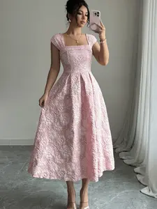 Elegant Embroidered Square Neck Waist Cinched A-Line Midi Dress, Women's Fashionable Long Skirt, Perfect for Parties and Special Occasions