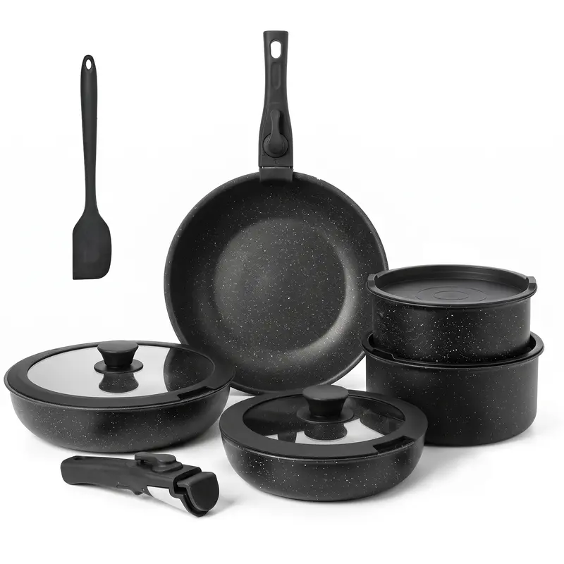 [LIVE] 12-Piece Granite Nonstick Pots and Pans Set with Detachable Handles, Stackable Kitchen Cookware Set, Induction Compatible, Oven and Dishwasher Safe for Home, RV and Camping