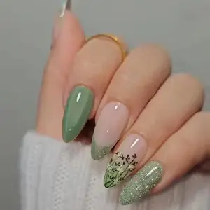 Butterfly Flower Pattern Fake Nail with 1 Sheet Tape & 1 Nail File & 1 Stick, 24pcs/set French Almond Fake Nails for DIY Nail Art, Glossy Press On Nails Kit Summer False Nails, Glittering Fake Nails