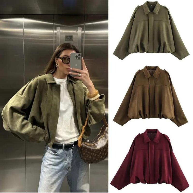 2026 Spring New Women's Suede Texture Effect Loose Fit Fashion Lapel Shoulder Bomber Jacket in Olive Brown & Burgundy