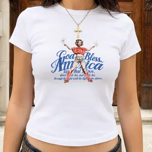 God Bless America Baby Tee for Women, Patriotic Cowgirl Crop Top, 4th of July Western USA Shirt, Cute Summer Tee