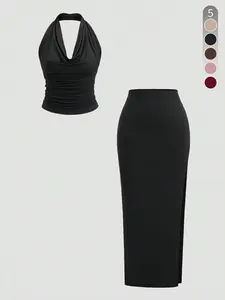 Two-Piece Set Women's Solid Color Halter Neck Top & Skirt, Casual Fashion Cozy Two-piece for Daily Outdoor Wear, Ladies Clothes for Summer, Fitted Outfit Sets
