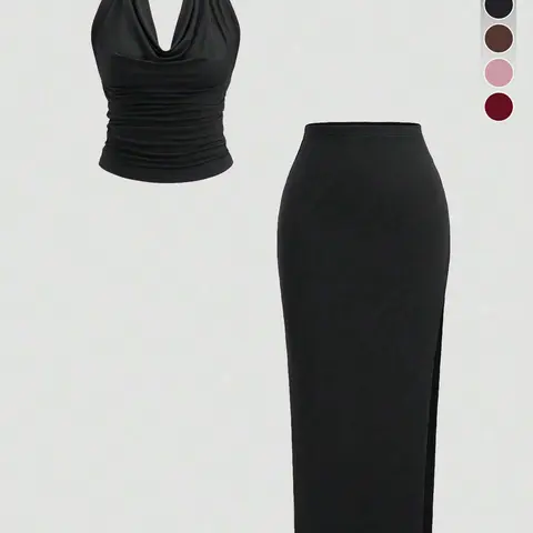 Two-Piece Set Women's Solid Color Matching Sets Twist Front Crop Tank Top & Skirt, Casual Minimalist Fashion Cozy Two-piece for Daily Outdoor Wear, Ladies Clothes for Summer, Womenswear