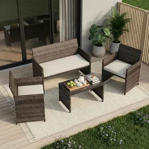 4-Piece Patio Bar Set All-Weather PE Rattan Outdoor Furniture Wicker Table and Chairs with Cushions Tempered Glass Table for Backyard Porch Garden Urban Style Cushions