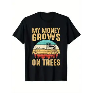Men's Vintage Logging Truck & Pine Tree Logger T-Shirt – "My Money Grows on Trees" Slogan, Black Retro Forestry Workwear Style, Casual Crew Neck Tee, Ideal for Logging Camps & Outdoor Activities